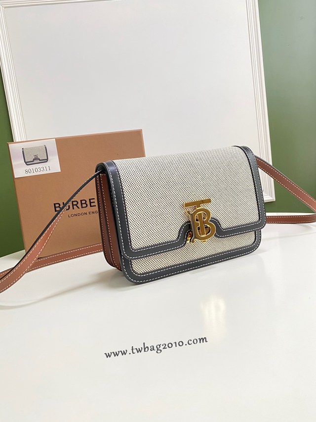 Burberry專門店新款小號TB專屬標識雙色帆布拼皮鎖扣包 巴寶莉經典款女士單肩包 yxb1363